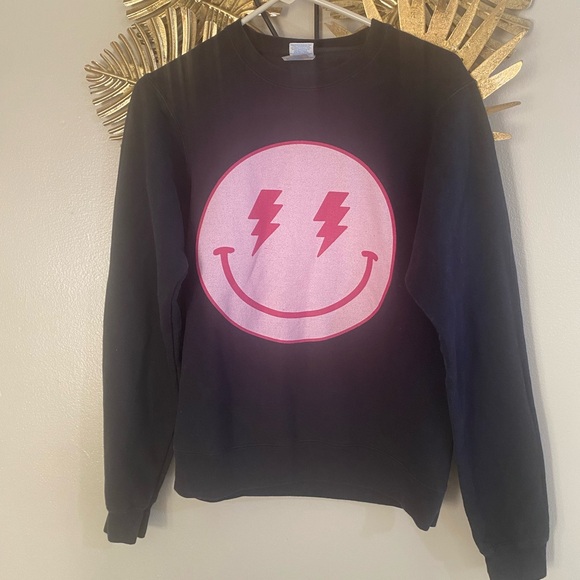 Port and Company Sweaters - Port and Company Black Sweater with Pink Smiley Design